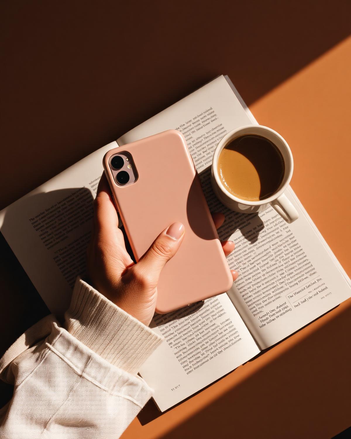 A calm lifestyle flatlay with a HIBA phone case, soft linen and warm morning light